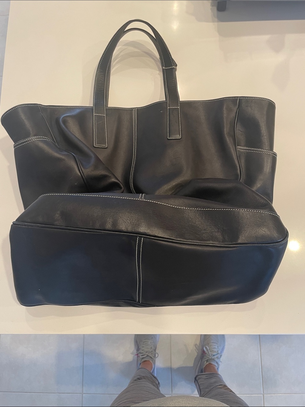 Coach Vintage Hamptons Black Leather Tote with White Contrast Stitching
